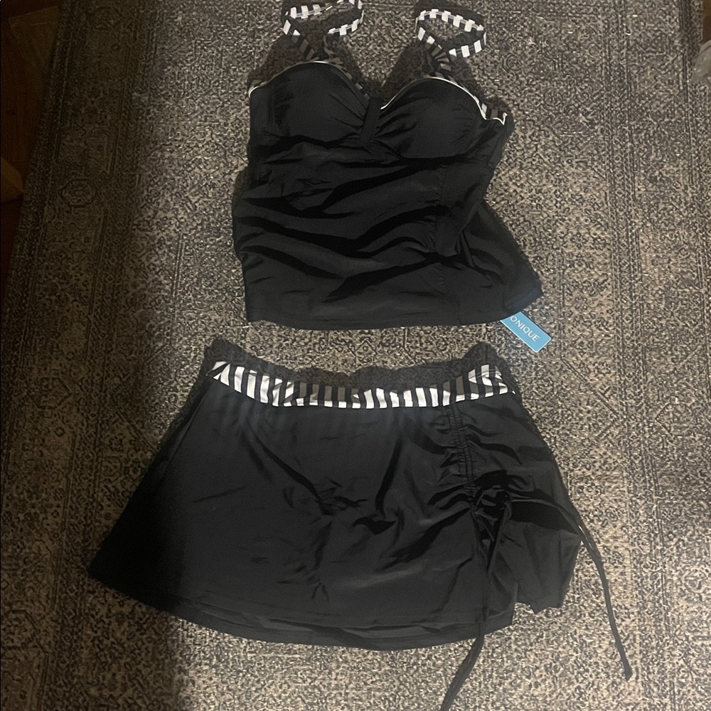 Chic Black Skater Swim Set with Striped Accents